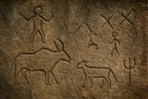 Close-up of ancient petroglyphs inside Edakkal Caves, Wayanad