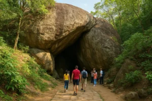 Entrance of Edakkal Caves in Wayanad with tourists exploring